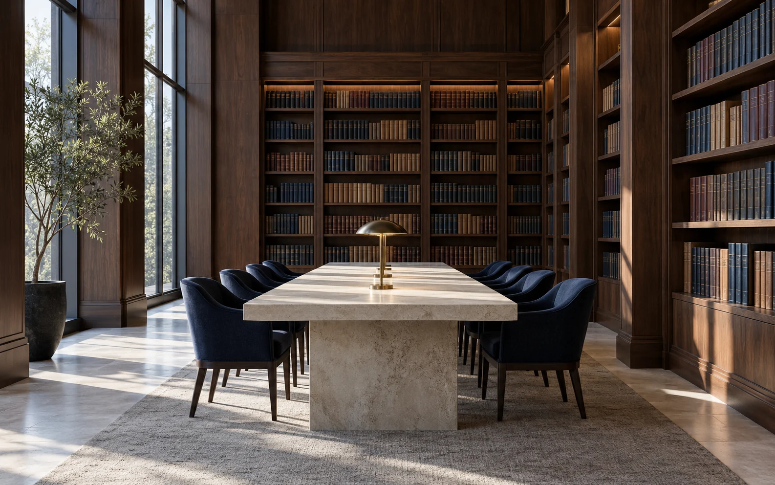 Empty law-library reading room with dark walnut bookshelves, a pale stone table, and navy chairs beside tall windows.